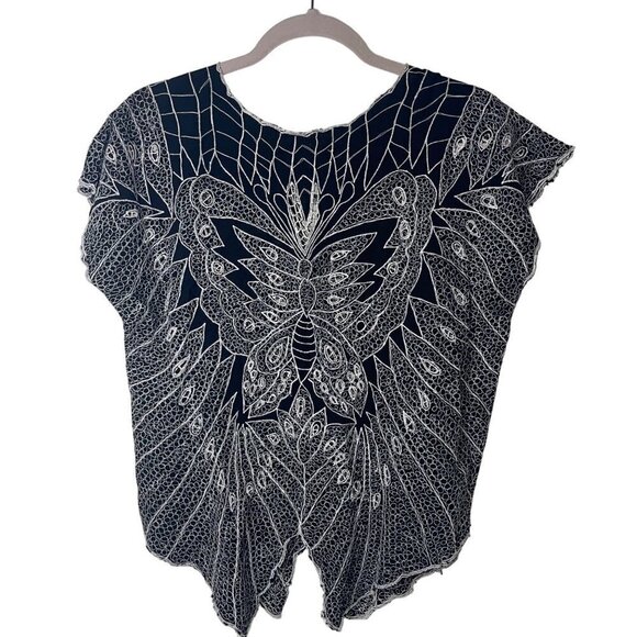 Vintage Womens Top Size Medium Black Embroidered Lace Butterfly V Neck - Picture 8 of 10